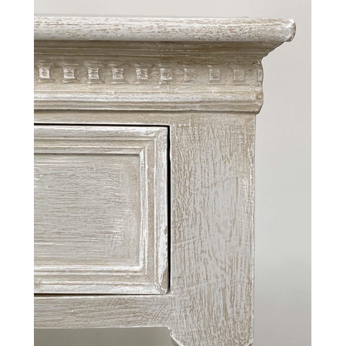 138 - SIDE TABLE, French style traditionally grey painted with two frieze drawers, and tapering supports, ... 