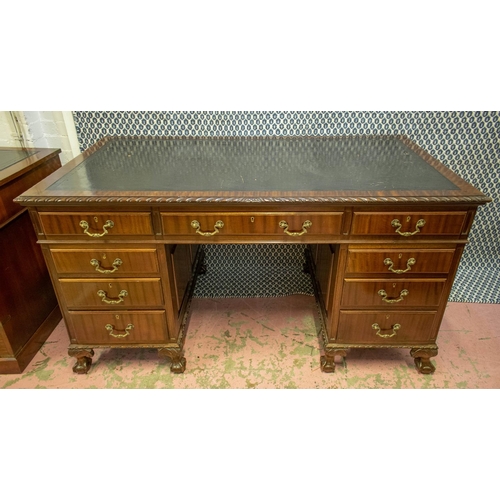 152 - PEDESTAL DESK, 80cm H x 153cm x 84cm, early 20th century mahogany with black leather top above nine ... 