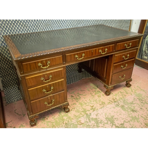 152 - PEDESTAL DESK, 80cm H x 153cm x 84cm, early 20th century mahogany with black leather top above nine ... 