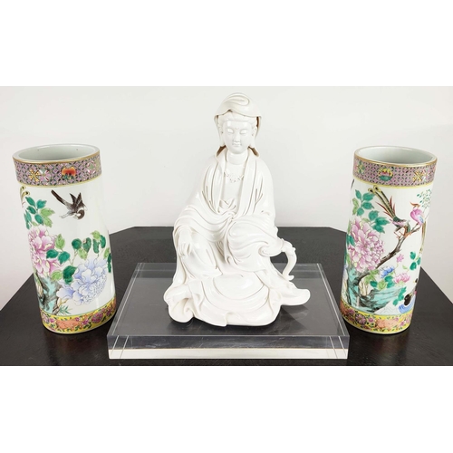 16 - BRUSH POTS, a pair, Chinese famille rose, 28cm H, together with a blanc de chine figure of Guanyin o... 