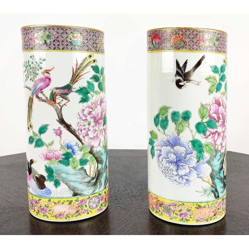 16 - BRUSH POTS, a pair, Chinese famille rose, 28cm H, together with a blanc de chine figure of Guanyin o... 