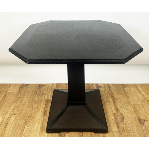 171 - ART DECO PEDESTAL CENTRE TABLE,  81cm W x 77cm H x 81cm D, ebonised oak, octagonal top and leather b... 