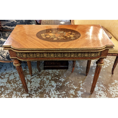 210 - CARD TABLE, 89cm W x 45cm D x 74cm D, circa 1880, French tulipwood, floral marquetry with green baiz... 