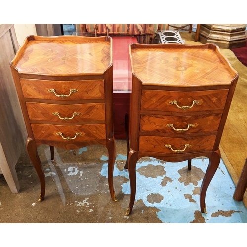 211 - BEDSIDE CHESTS, a pair, each 34cm W x 29cm D x 73cm H, with inlaid marquetry and parquetry detail, t... 