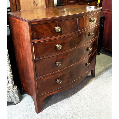 213 - BOWFRONT CHEST, 105cm W x 53cm D x 106cm, Regency mahogany of five drawers.