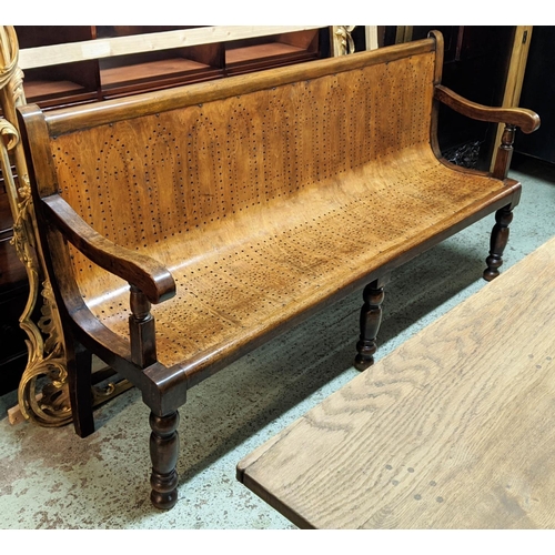 214 - HALL BENCH, 183cm L, Victorian birch with pierced bentwood seat.