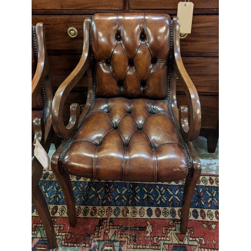 216 - PAIR OF BROWN LEATHER BUTTONED ARMCHAIRS, each 51cm W mahogany. (2)