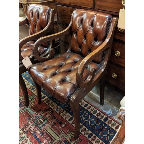 216 - PAIR OF BROWN LEATHER BUTTONED ARMCHAIRS, each 51cm W mahogany. (2)