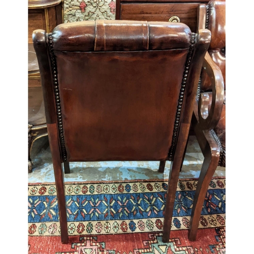 216 - PAIR OF BROWN LEATHER BUTTONED ARMCHAIRS, each 51cm W mahogany. (2)