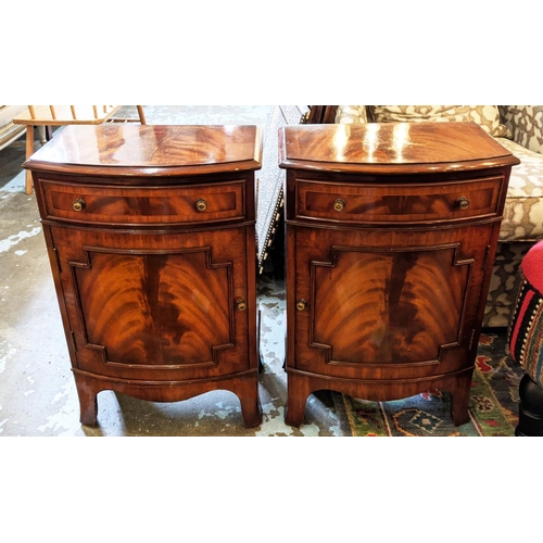 217 - PAIR OF BOWFRONT BEDSIDE CABINETS, each 41cm W x 29cm D x 66cm H, reproduction mahogany, each with d... 