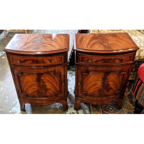 217 - PAIR OF BOWFRONT BEDSIDE CABINETS, each 41cm W x 29cm D x 66cm H, reproduction mahogany, each with d... 