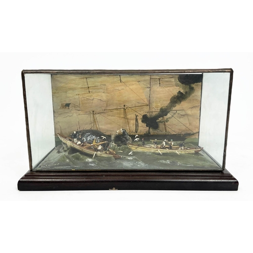 24 - WHALING SCENE DIORAMA, 19th century, housed in a glass case, signed D. Matthews, 19cm H x 34cm 19cm.