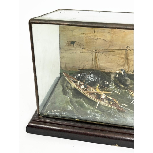 24 - WHALING SCENE DIORAMA, 19th century, housed in a glass case, signed D. Matthews, 19cm H x 34cm 19cm.