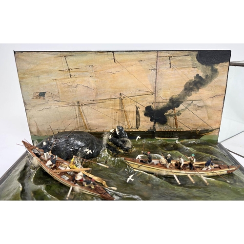 24 - WHALING SCENE DIORAMA, 19th century, housed in a glass case, signed D. Matthews, 19cm H x 34cm 19cm.