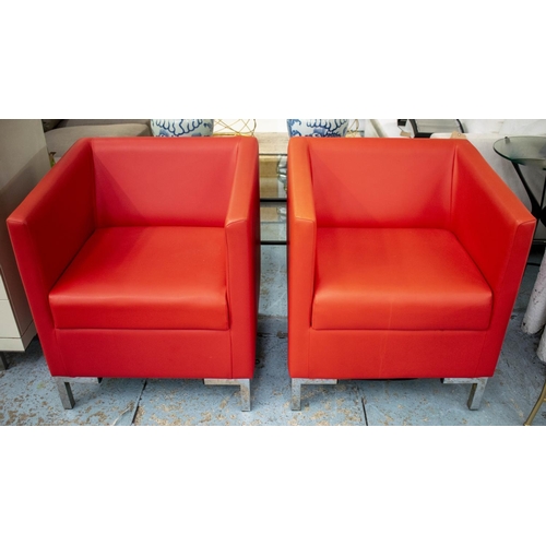 279 - ARMCHAIRS, 78cm H x 65cm W x 61cm D, a pair, chrome and red leather. (2)