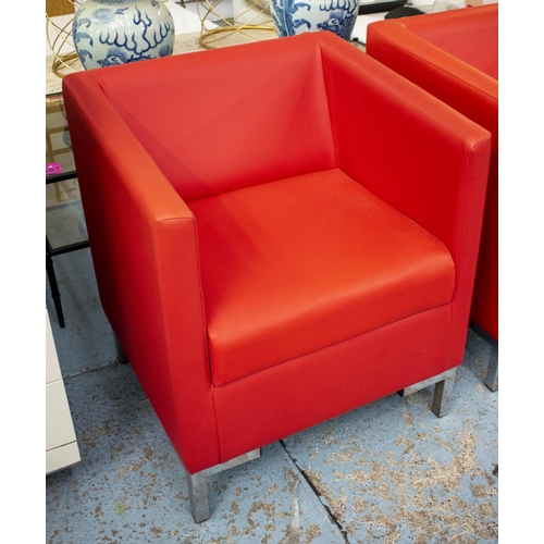 279 - ARMCHAIRS, 78cm H x 65cm W x 61cm D, a pair, chrome and red leather. (2)