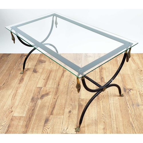 280 - LOW TABLE, 44cm H x 88cm W x 48cm D, Hollywood Regency manner patinated and gilt metal with glass to... 