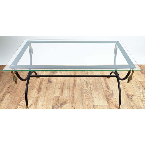 280 - LOW TABLE, 44cm H x 88cm W x 48cm D, Hollywood Regency manner patinated and gilt metal with glass to... 