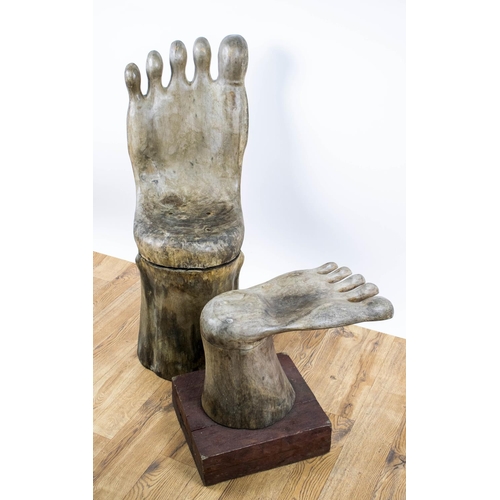 283 - HAND CHAIR AND FOOT TABLE, carved wood, chair 97cm H x 38cm W, table 43cm H x 33cm W x 55cm D. (2)