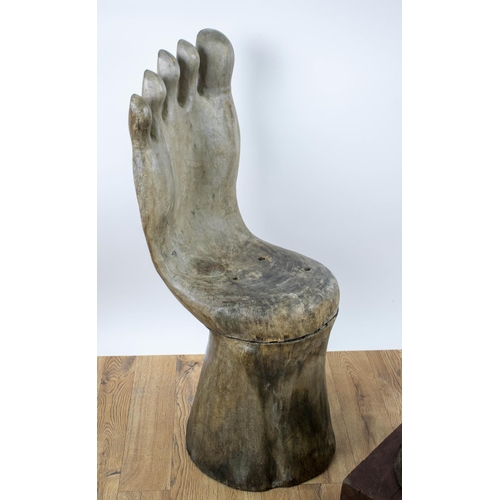 283 - HAND CHAIR AND FOOT TABLE, carved wood, chair 97cm H x 38cm W, table 43cm H x 33cm W x 55cm D. (2)