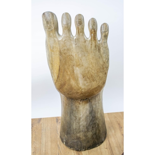 283 - HAND CHAIR AND FOOT TABLE, carved wood, chair 97cm H x 38cm W, table 43cm H x 33cm W x 55cm D. (2)