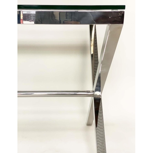 285 - DESK/WRITING TABLE BY OKA, rectangular plate glass raised upon chromium plated x frame support, with... 