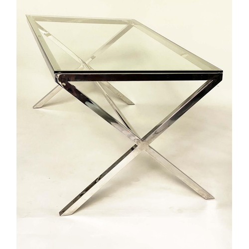 285 - DESK/WRITING TABLE BY OKA, rectangular plate glass raised upon chromium plated x frame support, with... 