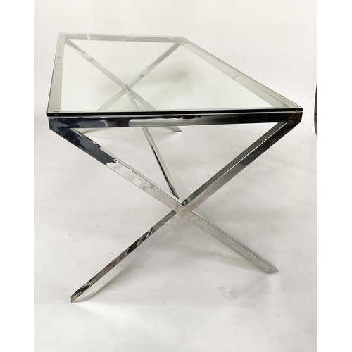 285 - DESK/WRITING TABLE BY OKA, rectangular plate glass raised upon chromium plated x frame support, with... 