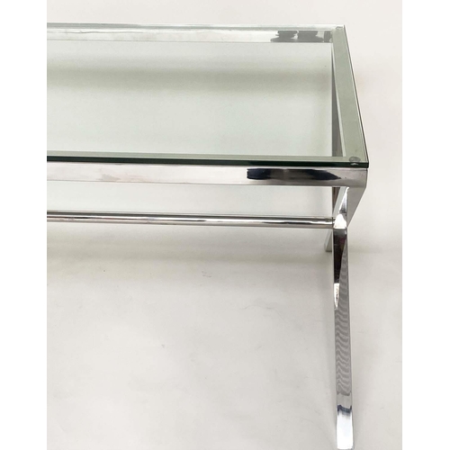 285 - DESK/WRITING TABLE BY OKA, rectangular plate glass raised upon chromium plated x frame support, with... 