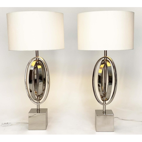 288 - TABLE LAMPS, a pair, R V Asley interlocking nickel on plinths with silk drum shades, 80cm H. (2)