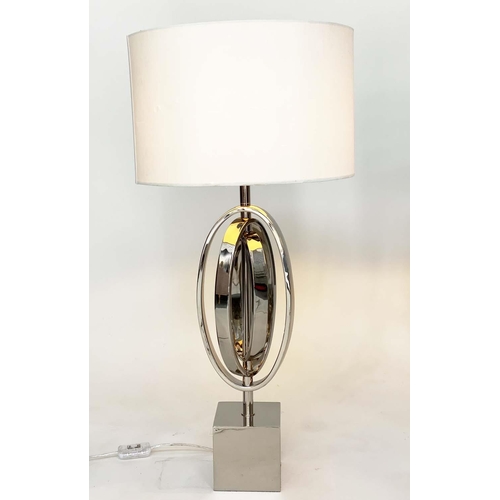 288 - TABLE LAMPS, a pair, R V Asley interlocking nickel on plinths with silk drum shades, 80cm H. (2)