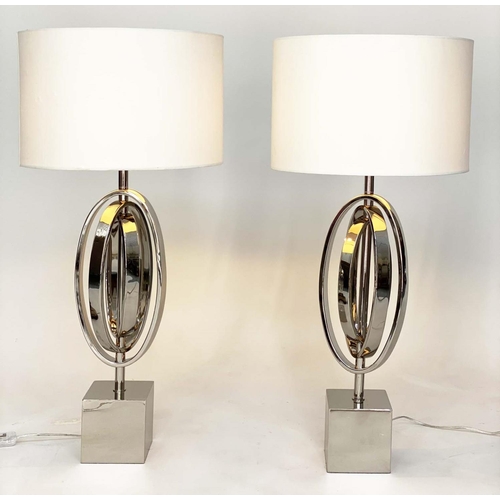 288 - TABLE LAMPS, a pair, R V Asley interlocking nickel on plinths with silk drum shades, 80cm H. (2)