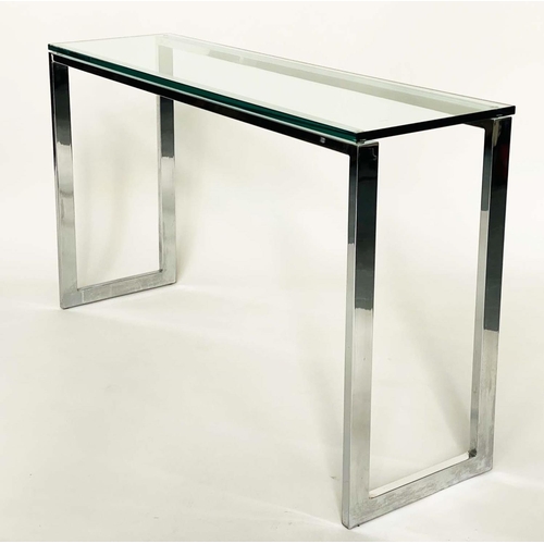 290 - CONSOLE TABLE BY OKA, rectangular plate glass raised upon chromium plated square leg support, 150cm ... 