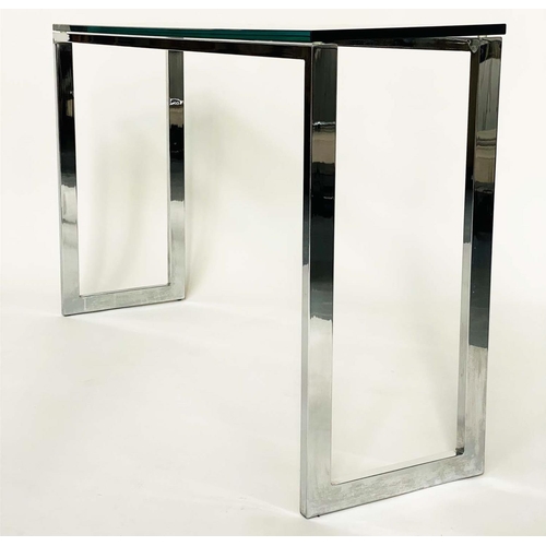 290 - CONSOLE TABLE BY OKA, rectangular plate glass raised upon chromium plated square leg support, 150cm ... 