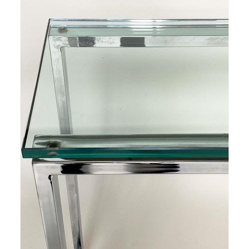 290 - CONSOLE TABLE BY OKA, rectangular plate glass raised upon chromium plated square leg support, 150cm ... 