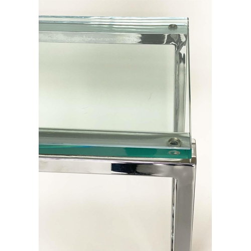 290 - CONSOLE TABLE BY OKA, rectangular plate glass raised upon chromium plated square leg support, 150cm ... 