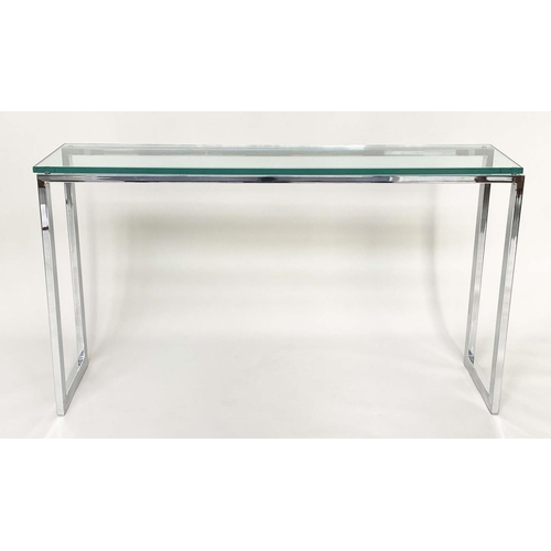 290 - CONSOLE TABLE BY OKA, rectangular plate glass raised upon chromium plated square leg support, 150cm ... 