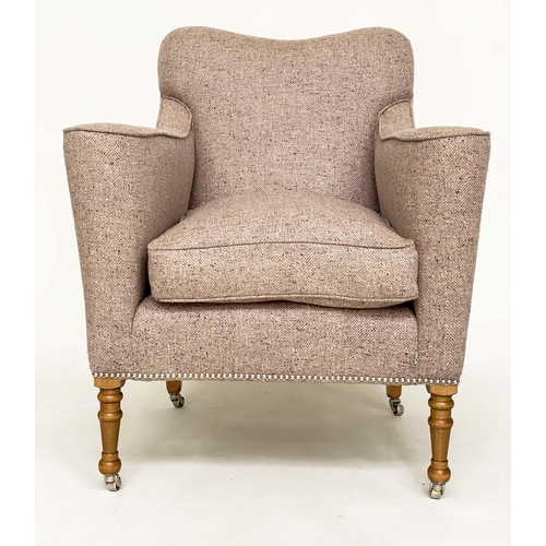 292 - WILLIAM YEOWARD ARMCHAIR, traditional with scroll arms and turned tapering supports, with herringbon... 