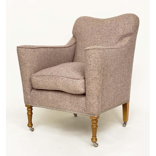 292 - WILLIAM YEOWARD ARMCHAIR, traditional with scroll arms and turned tapering supports, with herringbon... 