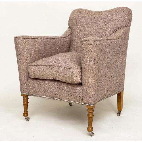 292 - WILLIAM YEOWARD ARMCHAIR, traditional with scroll arms and turned tapering supports, with herringbon... 