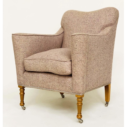 292 - WILLIAM YEOWARD ARMCHAIR, traditional with scroll arms and turned tapering supports, with herringbon... 