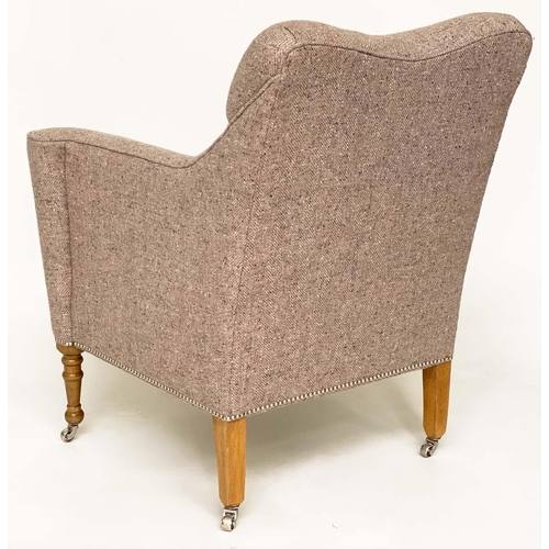 292 - WILLIAM YEOWARD ARMCHAIR, traditional with scroll arms and turned tapering supports, with herringbon... 