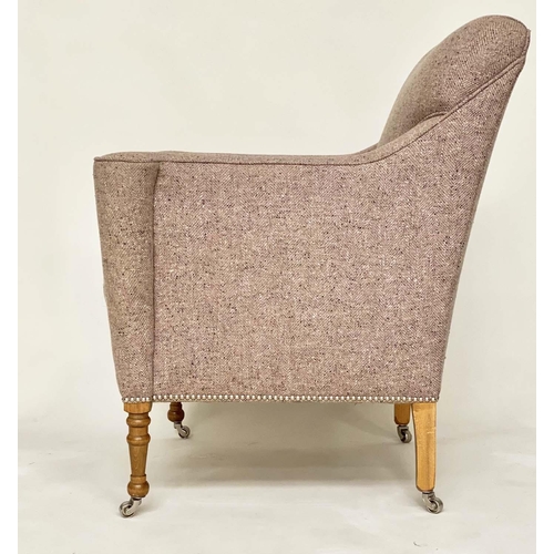 292 - WILLIAM YEOWARD ARMCHAIR, traditional with scroll arms and turned tapering supports, with herringbon... 