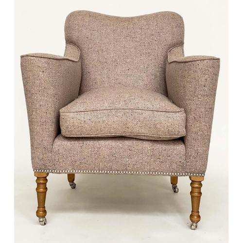 292 - WILLIAM YEOWARD ARMCHAIR, traditional with scroll arms and turned tapering supports, with herringbon... 