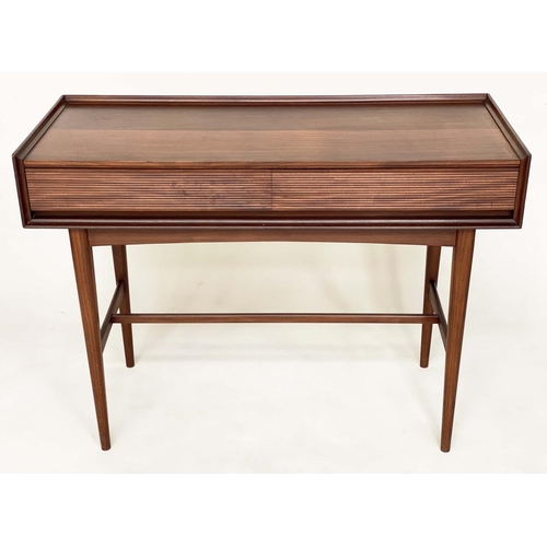 293 - RICHARD HORNBY TABLE, 1970s teak with two blind frieze drawers with reeded fronts, 114cm W x 48cm D ... 