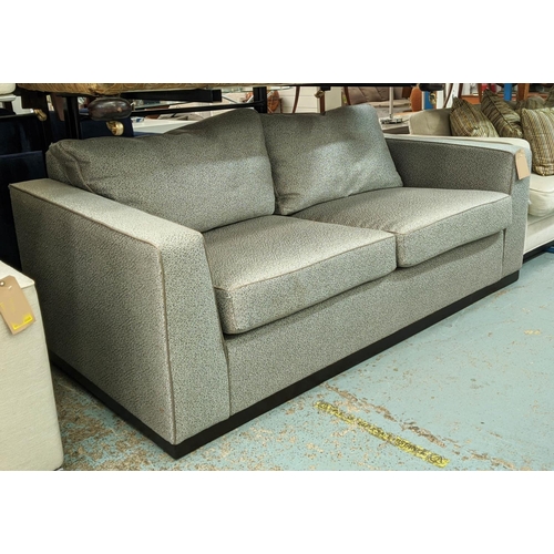 302 - SOFA, 200cm W, grey fabric upholstered with piping detail.