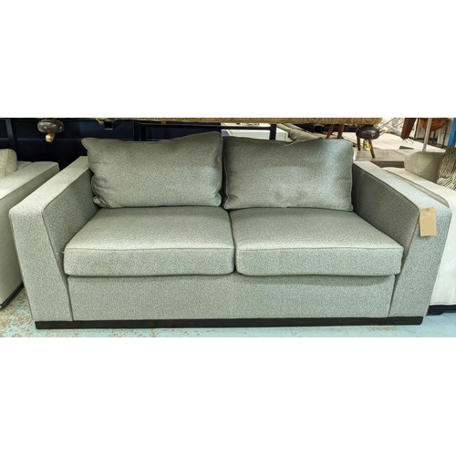 302 - SOFA, 200cm W, grey fabric upholstered with piping detail.