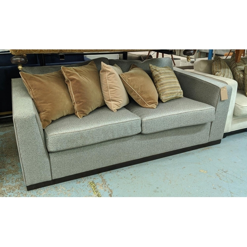 302 - SOFA, 200cm W, grey fabric upholstered with piping detail.