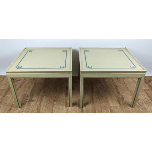 314 - SIDE TABLES, a pair, of square form, neutral painted with a blue geometric border to top, gallery ed... 