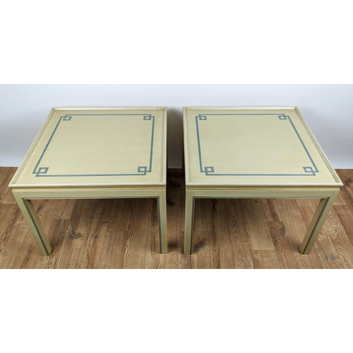 314 - SIDE TABLES, a pair, of square form, neutral painted with a blue geometric border to top, gallery ed... 